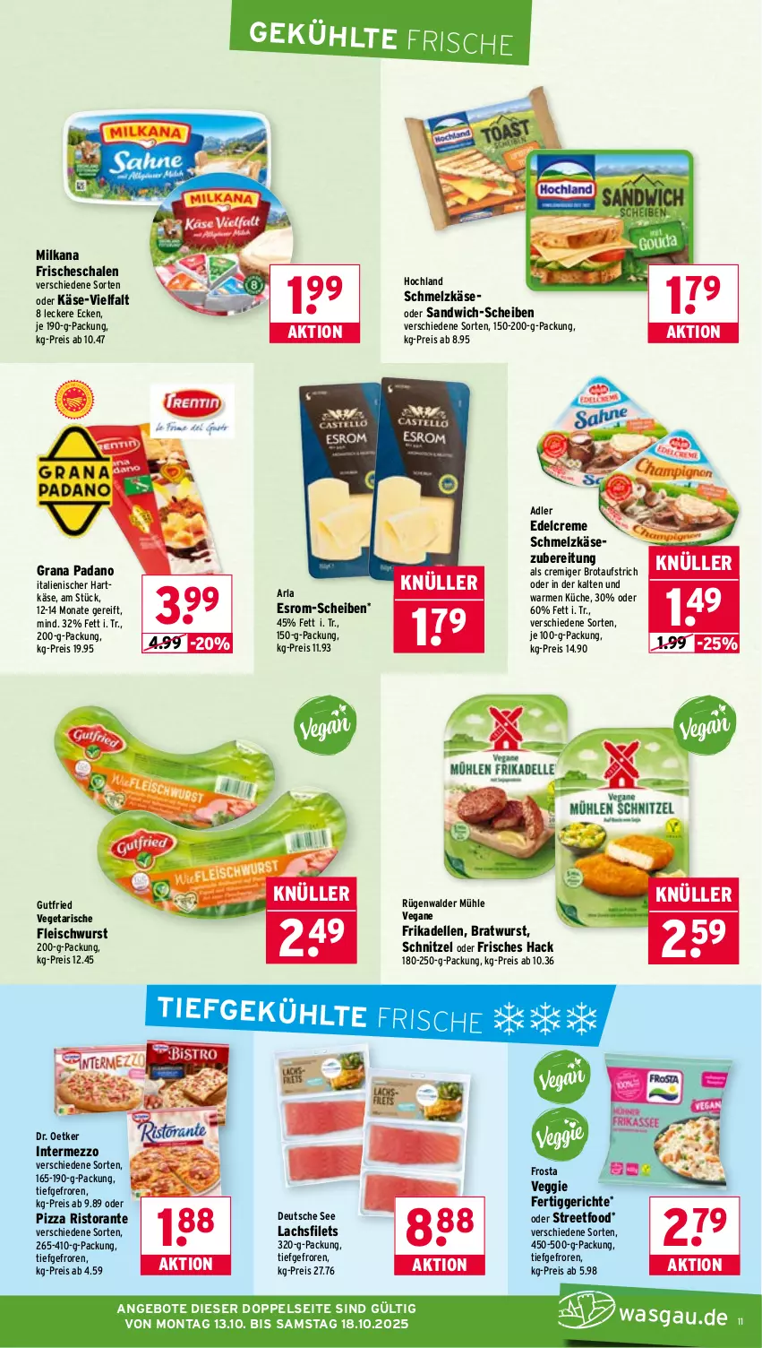 Aktueller Prospekt Wasgau - von 13.10 bis 18.10.2025 - strona 11 - produkty: angebot, angebote, arla, aufstrich, bratwurst, brot, brotaufstrich, creme, dell, Dr. Oetker, edelcreme, eis, elle, esrom, fertiggericht, fertiggerichte, filet, filets, fleisch, fleischwurst, frikadellen, frosta, grana, grana padano, gutfried, hartkäse, hochland, intermezzo, italienischer hartkäse, Käse, küche, lachs, lachsfilet, lachsfilets, milka, milkana, padano, pizza, Rana, reis, ristorante, rügenwalder, rügenwalder mühle, sandwich, sandwich-scheiben, Schal, Schale, Schmelzkäse, schmelzkäsezubereitung, schnitzel, Ti, Vegeta, veggie, wurst, ZTE