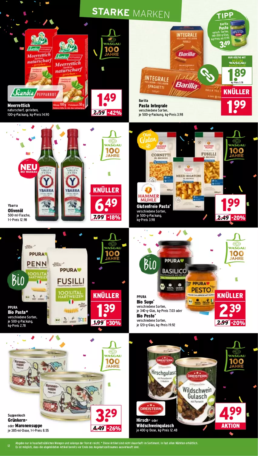 Aktueller Prospekt Wasgau - von 13.10 bis 18.10.2025 - strona 12 - produkty: angebot, auer, barilla, bio, eis, flasche, gulasch, meerrettich, natur, olive, oliven, olivenöl, pasta, pesto, reis, Rettich, schwein, Sugo, suppe, suppen, Ti, wein, Wild, Wildschwein