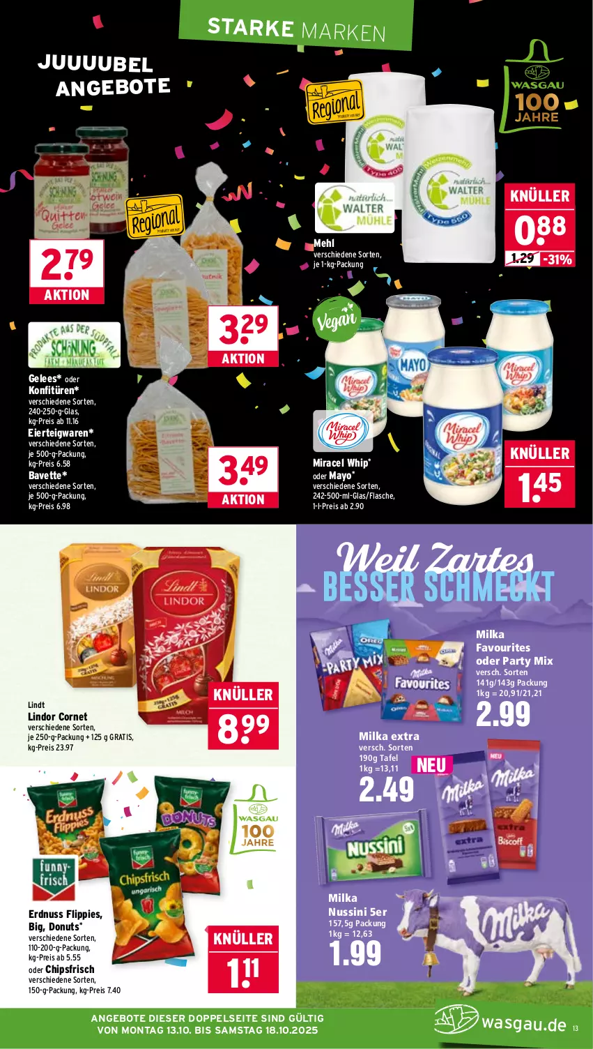Aktueller Prospekt Wasgau - von 13.10 bis 18.10.2025 - strona 13 - produkty: angebot, angebote, chips, chipsfrisch, Donut, donuts, eier, eis, erdnuss, flasche, flippies, gelee, je 250-g-packung, konfitüre, konfitüren, lindor, lindt, mehl, milka, miracel, miracel whip, nuss, reis, teigwaren, Ti, Yo