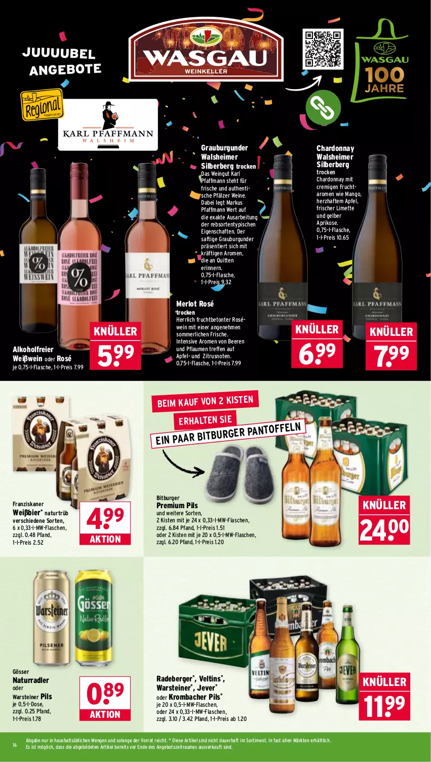 Aktueller Prospekt Wasgau - von 13.10 bis 18.10.2025 - strona 16 - produkty: alkohol, angebot, angebote, apfel, aprikose, auer, beere, beeren, Berger, bier, bitburger, burger, burgunder, chardonnay, eier, eimer, eis, flasche, franziskaner, frucht, gösser, grauburgunder, jever, krombache, krombacher, krombacher pils, limette, mango, merl, merlot, Mett, mw-flasche, natur, pflaume, pflaumen, pils, premium pils, radeberger, radler, reis, roséwein, saft, steiner, Ti, tisch, veltins, warsteiner, wein, weine, Weißwein