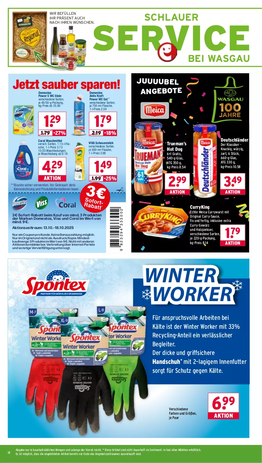 Aktueller Prospekt Wasgau - von 13.10 bis 18.10.2025 - strona 18 - produkty: angebot, angebote, auer, bio, Brei, Clin, Coral, coupon, curry, currywurst, domestos, eis, flasche, gewürz, gin, Heu, Holz, hot dog, je 500-ml-flasche, kraft, meica, milch, Rauch, reis, rwe, sauce, scheuermilch, sofort-rabatt, Ti, waschmittel, wurst