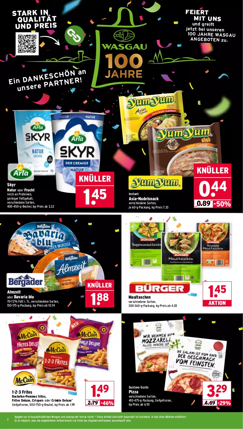 Aktueller Prospekt Wasgau - von 13.10 bis 18.10.2025 - strona 2 - produkty: angebot, angebote, auer, backofen, bavaria blu, Becher, beutel, eier, eis, frucht, maultaschen, natur, nudel, Ofen, pizza, pommes, Pommes Frites, reis, Ria, ring, Skyr, snack, Tasche, taschen, Ti