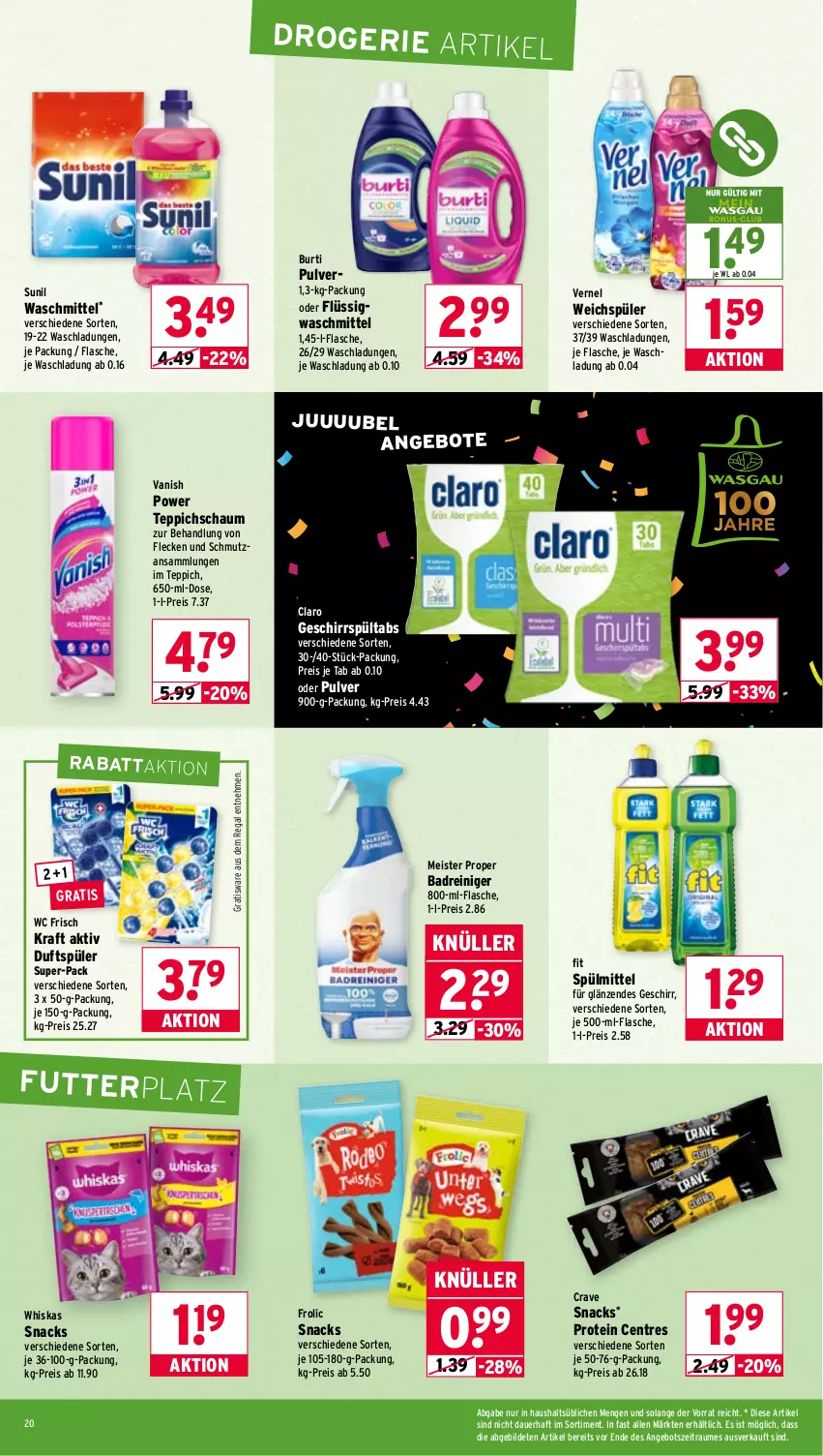 Aktueller Prospekt Wasgau - von 13.10 bis 18.10.2025 - strona 20 - produkty: angebot, angebote, auer, Bad, burti, eis, flasche, frolic, geschirr, je 500-ml-flasche, kraft, Meister, meister proper, regal, reiniger, reis, snack, snacks, spülmittel, sunil, teppich, Ti, vanish, vernel, waschmittel, wc frisch, WC Frisch Kraft Aktiv, weichspüler, whiskas