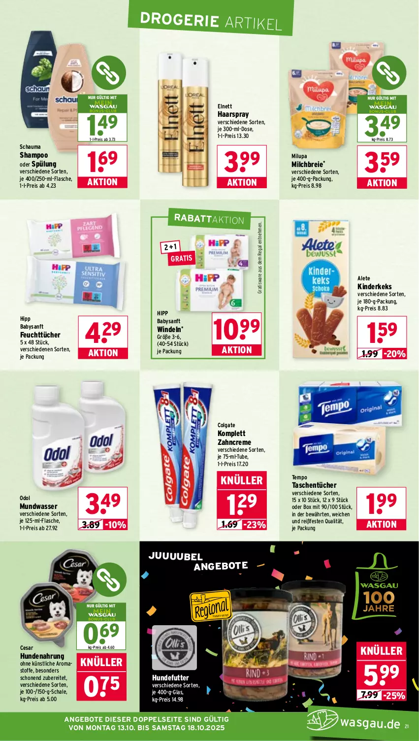 Aktueller Prospekt Wasgau - von 13.10 bis 18.10.2025 - strona 21 - produkty: angebot, angebote, Brei, colgate, creme, eis, elnett, feuchttücher, flasche, haarspray, hipp, hundenahrung, keks, Kinder, LG, milch, milupa, mundwasser, Odol, regal, reis, Schal, Schale, schauma, shampoo, shampoo oder spülung, spülung, Tasche, taschen, taschentücher, Tempo, Ti, tücher, wasser, windeln, zahncreme
