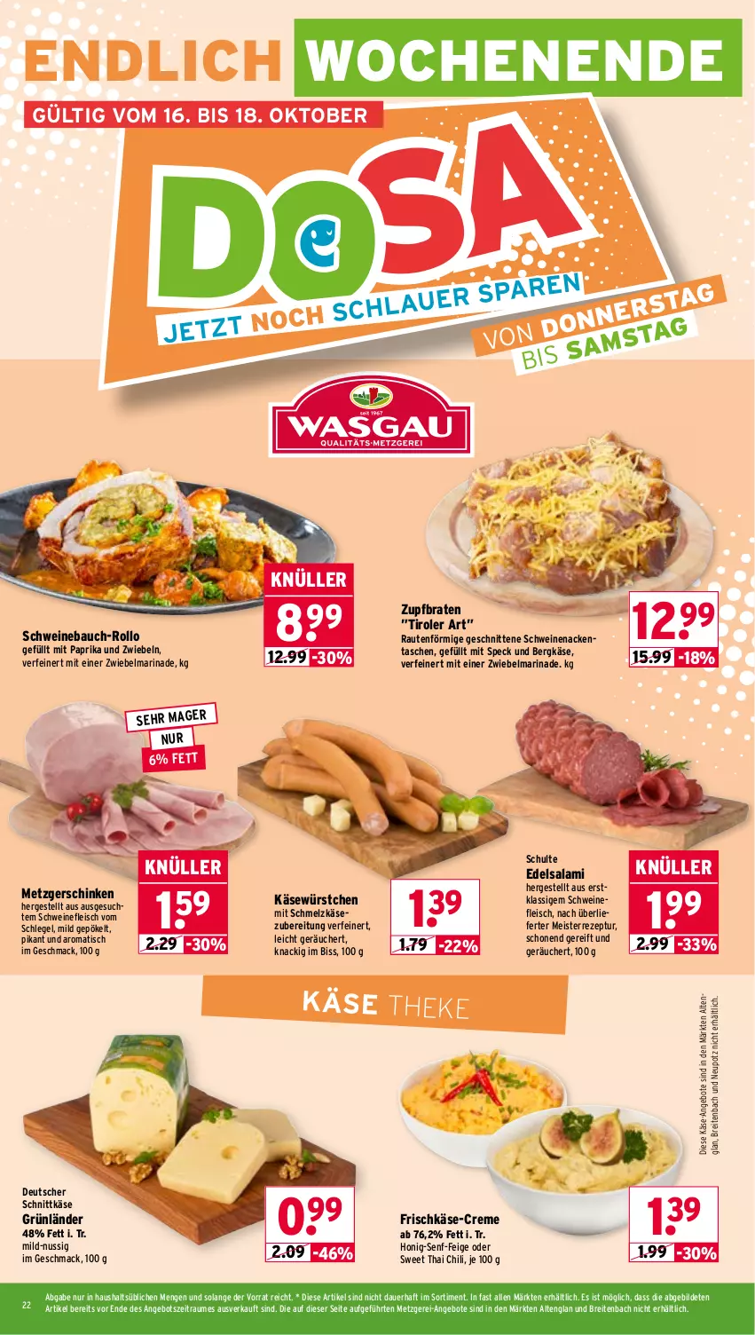 Aktueller Prospekt Wasgau - von 13.10 bis 18.10.2025 - strona 22 - produkty: angebot, angebote, auer, Bau, Bergkäse, braten, Brei, chili, creme, deutscher schnittkäse, Edelsalami, eis, fleisch, frischkäse, grünländer, honig, Honig-Senf, Käse, mac, marinade, Meister, mit paprika, nuss, paprika, rezept, salami, schinken, Schmelzkäse, schmelzkäsezubereitung, schnitten, schnittkäse, schwein, schweine, Schweinebauch, schweinefleisch, schweinenacken, senf, Speck, Tasche, taschen, Ti, tisch, wein, weine, würstchen, zwiebel, zwiebeln