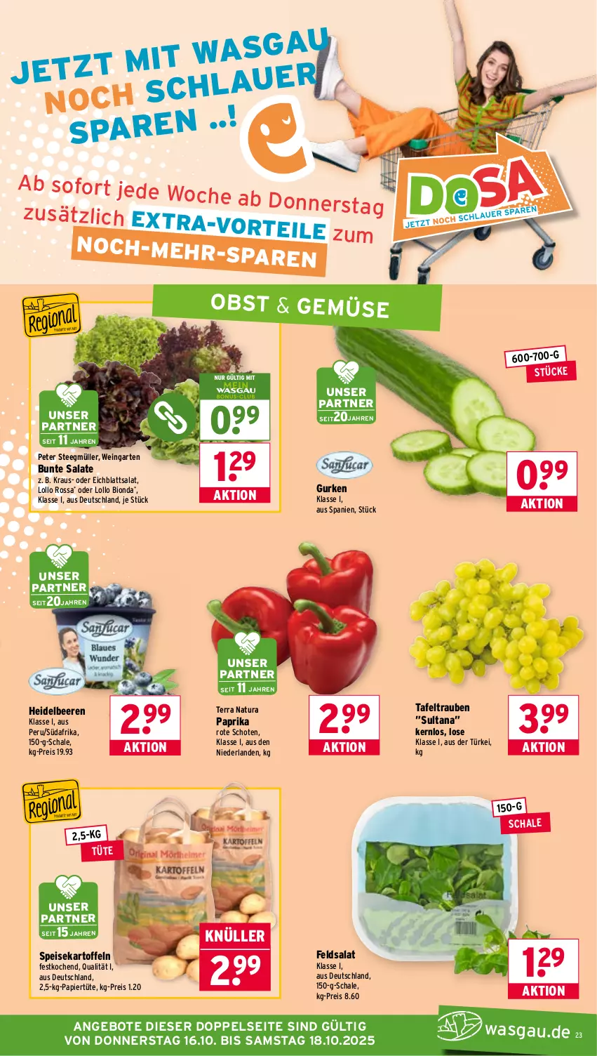 Aktueller Prospekt Wasgau - von 13.10 bis 18.10.2025 - strona 23 - produkty: angebot, angebote, auer, beere, beeren, bio, bunte salate, Eichblattsalat, eis, feldsalat, Garten, gurke, gurken, heidelbeere, heidelbeeren, kartoffel, kartoffeln, Müller, natur, natura, obst, papier, Papiertüte, paprika, paprika rot, reis, salat, salate, Schal, Schale, speisekartoffeln, tafeltrauben, tee, Ti, trauben, Tüte, wein