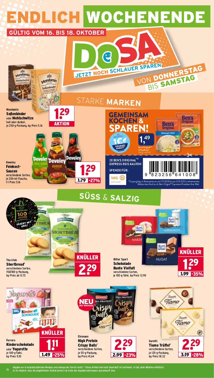 Aktueller Prospekt Wasgau - von 13.10 bis 18.10.2025 - strona 26 - produkty: angebot, auer, ball, Ben’s Original, beutel, coupon, develey, ehrmann, eier, eis, express-reis, feinkost, ferrero, flasche, gin, je 250-g-packung, Kinder, mehl, mondamin, oder yogurette, reis, ritter, ritter sport, salz, saro, sarotti, sauce, saucen, schoko, schokolade, Soße, Sport, Ti, Trüffel, Yo, yogurette