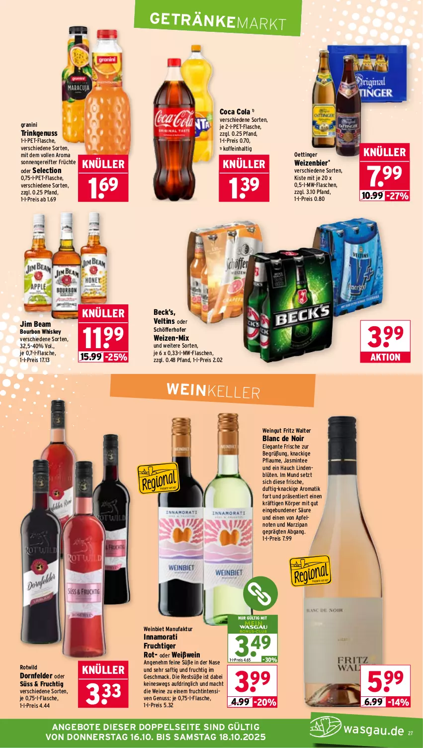 Aktueller Prospekt Wasgau - von 13.10 bis 18.10.2025 - strona 27 - produkty: angebot, angebote, apfel, bier, Blüte, bourbon, bourbon whiskey, cola, dornfelder, eis, elle, Faktu, flasche, fritz, frucht, früchte, getränk, getränke, granini, jim beam, mac, marzipan, mint, mw-flasche, nuss, oettinger, pet-flasche, pflaume, reis, ring, saft, schöfferhofer, tee, Ti, veltins, wein, weine, Weißwein, whiskey, Wild
