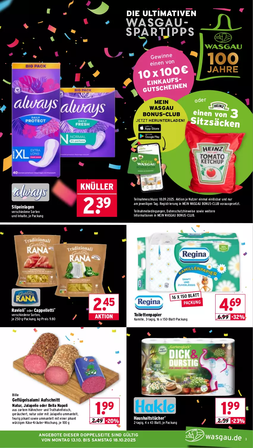 Aktueller Prospekt Wasgau - von 13.10 bis 18.10.2025 - strona 3 - produkty: angebot, angebote, aufschnitt, Cap, eis, elle, fleisch, Geflügel, haushaltstücher, jalapeño, je 250-g-packung, Kamill, kamille, Käse, kräuter, Mantel, natur, papier, ravioli, reis, salami, slip, slipeinlagen, spartipp, Ti, toilettenpapier, truthahn, tücher