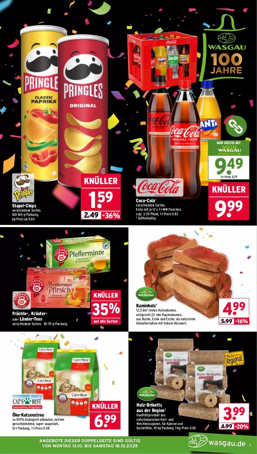 Aktueller Prospekt Wasgau - von 13.10 bis 18.10.2025 - strona 5 - produkty: Abba, angebot, angebote, Bau, binden, bio, briketts, buch, chips, coca-cola, cola, eis, flasche, früchte, Holz, Kamin, Kaminholz, Katzenstreu, kräuter, mw-flasche, natur, reis, tee, Ti