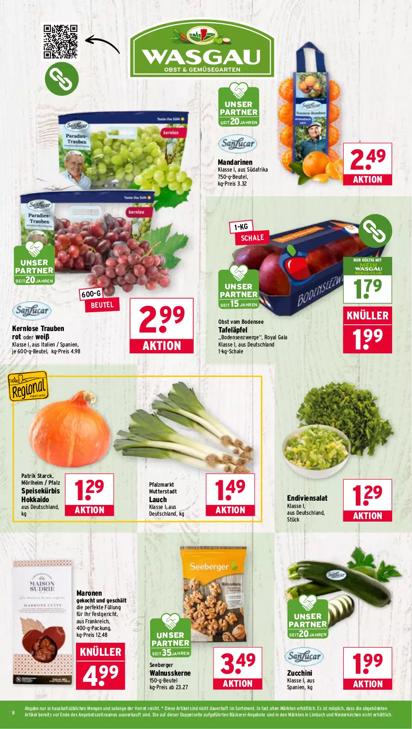 Aktueller Prospekt Wasgau - von 13.10 bis 18.10.2025 - strona 8 - produkty: angebot, angebote, auer, Berger, beutel, eis, Kürbis, mandarine, mandarinen, nuss, obst, reis, salat, Schal, Schale, seeberger, tafeläpfel, Ti, trauben, walnuss, walnusskerne, zucchini
