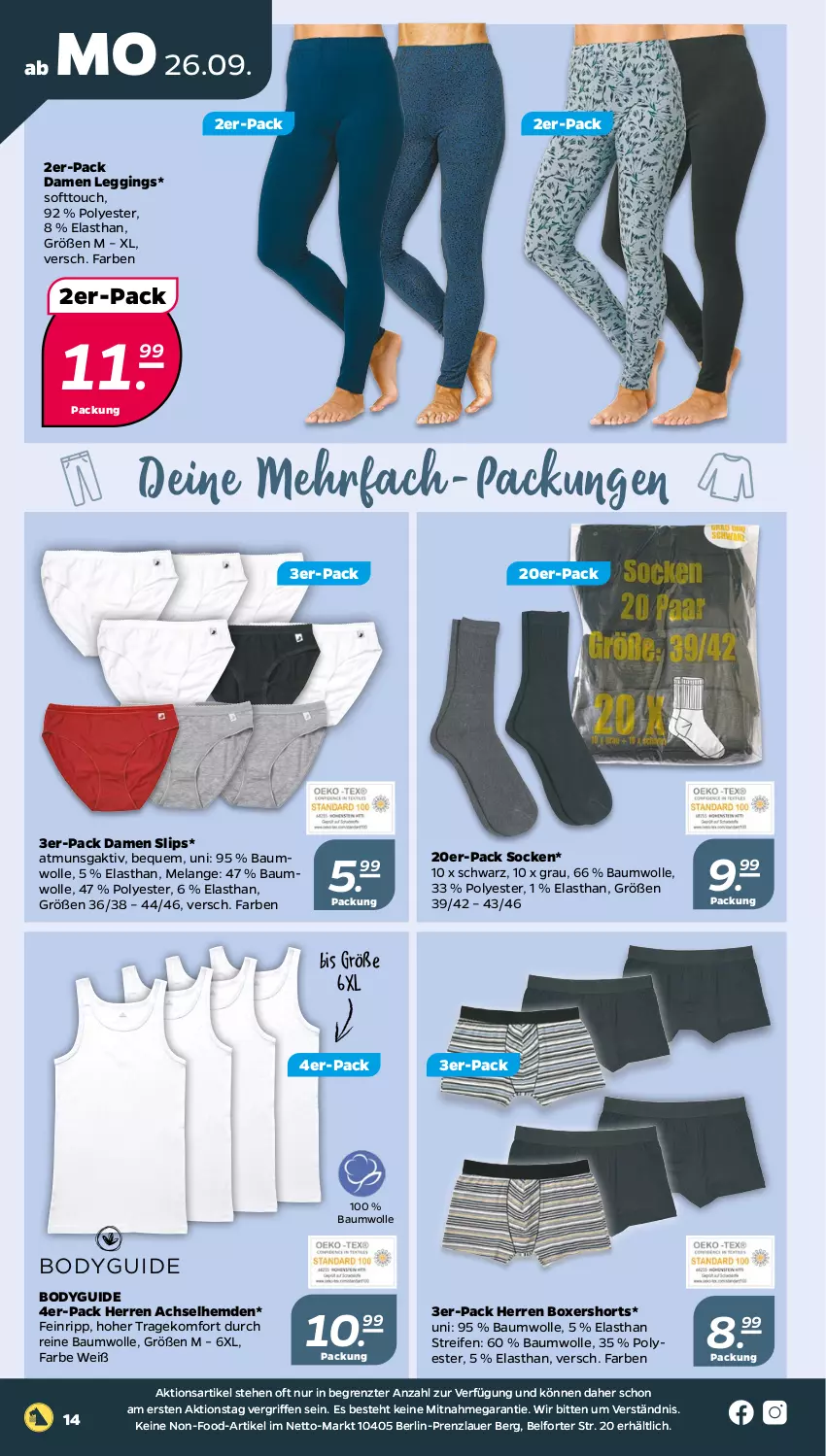 Aktueller Prospekt Netto - Woche 39 - von 26.09 bis 01.10.2022 - strona 14 - produkty: achselhemd, auer, Bau, baumwolle, body, Elan, gin, hemd, hemden, leggings, reifen, reine baumwolle, shorts, slip, slips, socken, Ti, wolle, ZTE