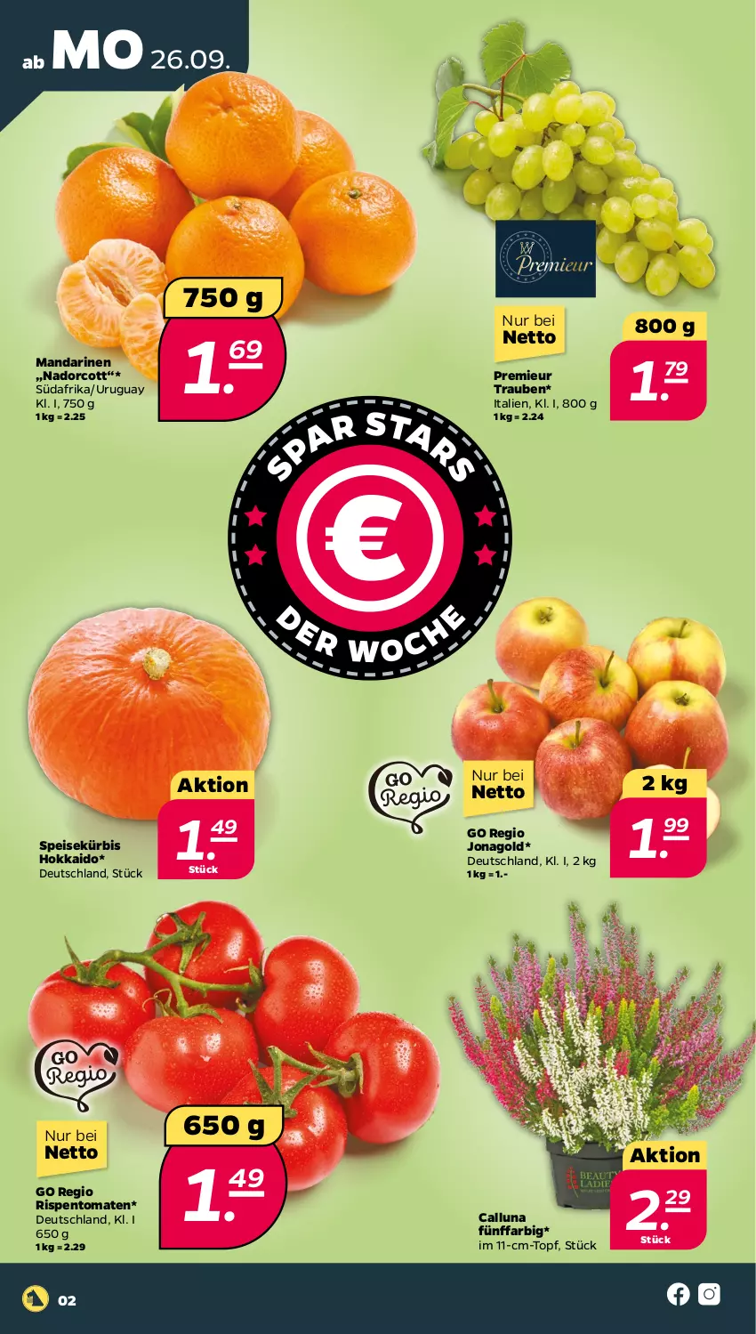 Aktueller Prospekt Netto - Woche 39 - von 26.09 bis 01.10.2022 - strona 2 - produkty: eis, Kürbis, mandarine, mandarinen, rispentomaten, Ti, tomate, tomaten, topf, trauben