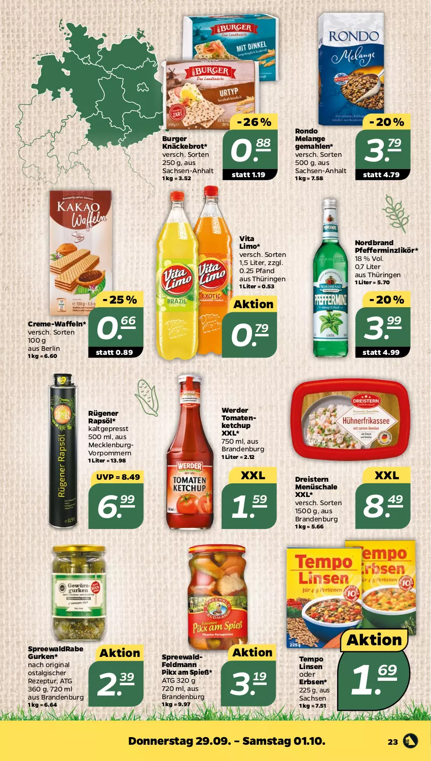 Aktueller Prospekt Netto - Woche 39 - von 26.09 bis 01.10.2022 - strona 23 - produkty: brot, burger, creme, dreistern, eis, Elan, erbsen, erde, gin, gurke, gurken, ketchup, knäckebrot, LG, likör, limo, linsen, nordbrand, pfeffer, pfefferminzlikör, rapsöl, reis, rezept, ring, Rügener, sac, Schal, Schale, Tempo, Ti, tomate, tomaten, tomatenketchup, vita, waffeln