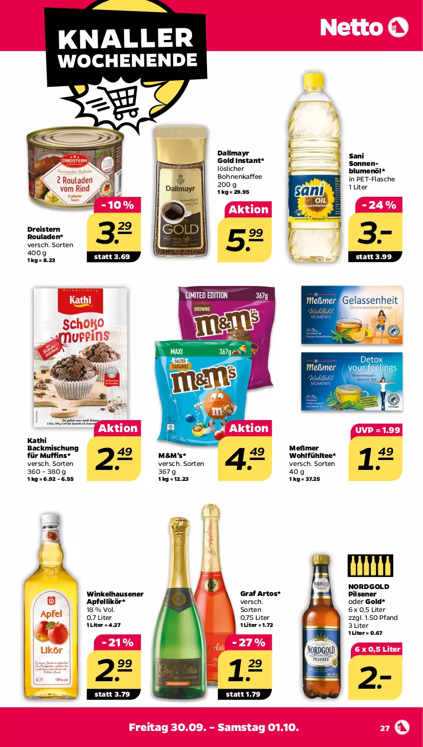 Aktueller Prospekt Netto - Woche 39 - von 26.09 bis 01.10.2022 - strona 27 - produkty: apfel, backmischung, blume, blumen, blumenöl, bohne, bohnen, bohnenkaffee, dallmayr, dallmayr gold, dreistern, eis, flasche, kaffee, likör, löslicher bohnenkaffee, Meßmer, Muffin, muffins, pet-flasche, pils, pilsener, reis, rouladen, sonnenblume, sonnenblumen, sonnenblumenöl, tee, Ti, winkelhausen