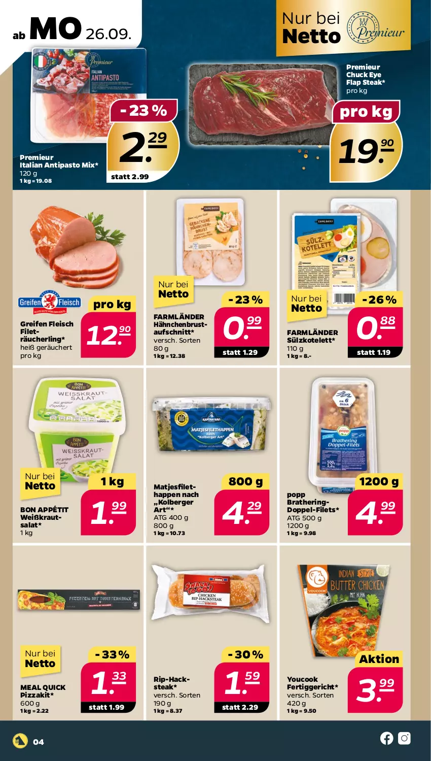 Aktueller Prospekt Netto - Woche 39 - von 26.09 bis 01.10.2022 - strona 4 - produkty: aufschnitt, Berger, eis, fertiggericht, filet, Fileträucherling, filets, fleisch, hähnchenbrust, hering, kotelett, Kraut, krautsalat, matjes, Matjesfilet, pizza, Popp, Räucherling, reifen, ring, salat, steak, Ti, Yo, YouCook