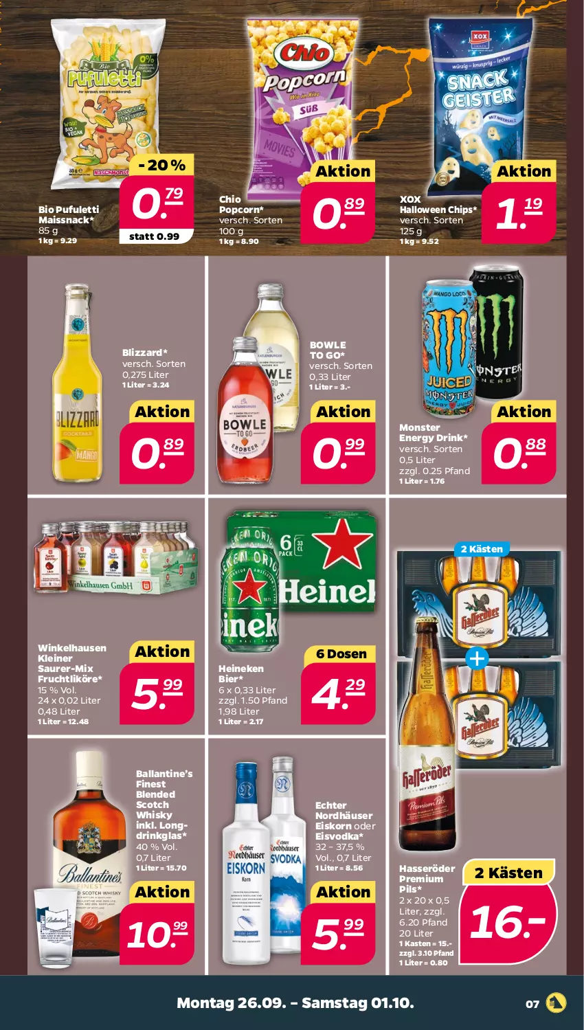 Aktueller Prospekt Netto - Woche 39 - von 26.09 bis 01.10.2022 - strona 7 - produkty: ball, bier, bio, blended scotch, blended scotch whisky, Blizzard, bowle, chips, drink, eis, energy drink, frucht, hasseröder, heineken, korn, leine, likör, mais, monster, Monster Energy, pils, popcorn, premium pils, scotch, scotch whisky, snack, Ti, vodka, whisky, winkelhausen