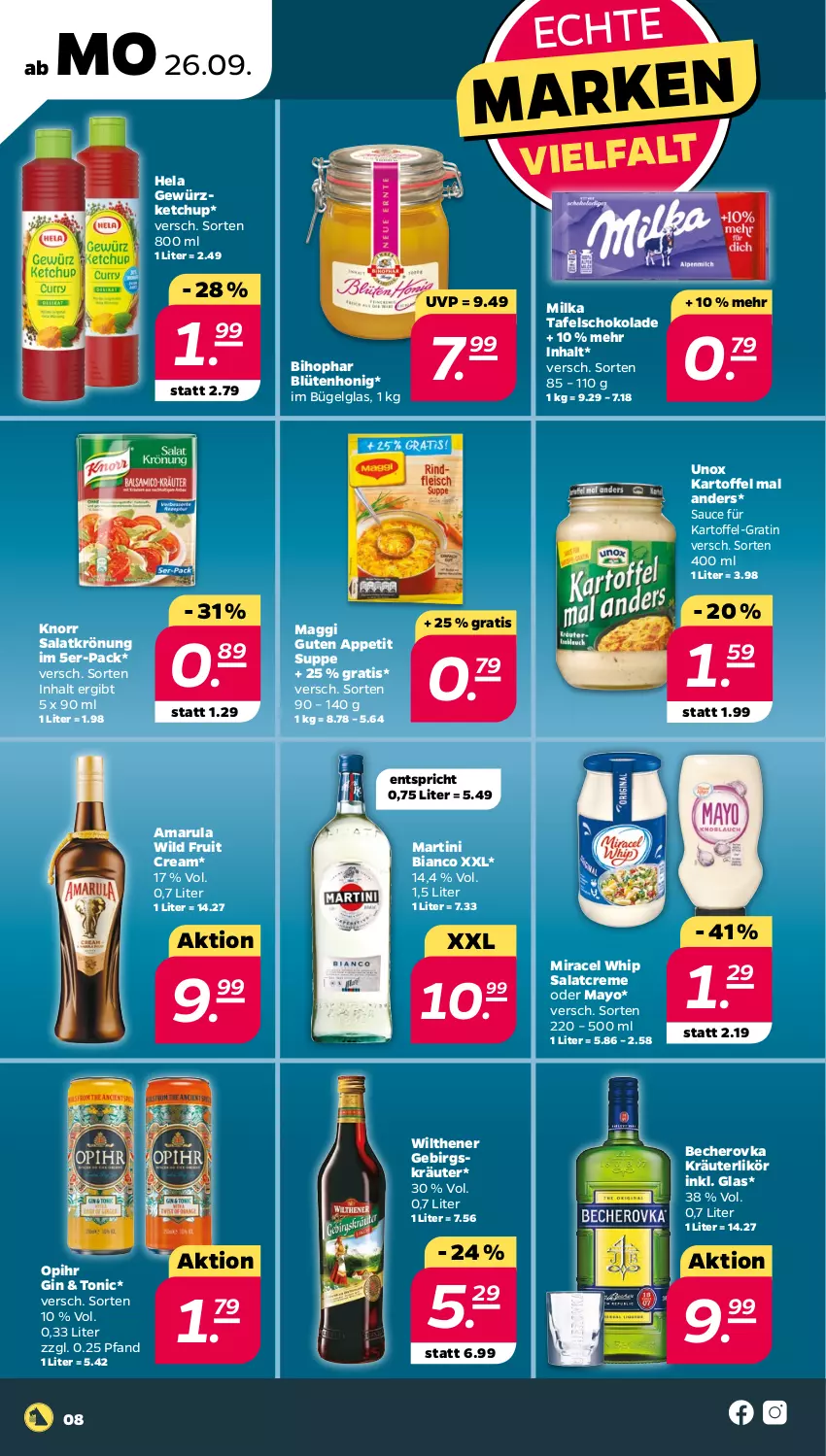 Aktueller Prospekt Netto - Woche 39 - von 26.09 bis 01.10.2022 - strona 8 - produkty: amarula, Becher, Becherovka, bihophar, Blüte, blütenhonig, bügel, creme, gewürz, gewürzketchup, gin, Hela, hero, honig, kartoffel, ketchup, knorr, kräuter, kräuterlikör, LG, likör, maggi, martini, milka, miracel, miracel whip, salat, salatcreme, salatkrönung, sauce, schoko, schokolade, suppe, tafelschokolade, Ti, tonic, Wild, wilthener, Yo