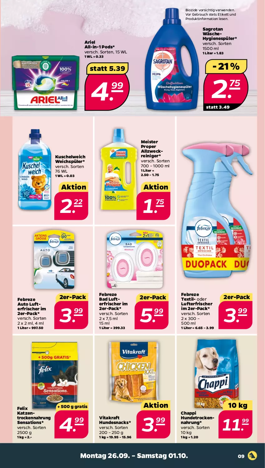 Aktueller Prospekt Netto - Woche 39 - von 26.09 bis 01.10.2022 - strona 9 - produkty: allzweckreiniger, ariel, auto, Bad, bio, eis, febreze, felix, hundesnack, hundesnacks, Hundetrockennahrung, hygienespüler, kraft, Kuschelweich, lufterfrischer, Meister, meister proper, Pods, Rauch, reiniger, rwe, sagrotan, sensations, snack, snacks, Ti, Trockennahrung, vita, vitakraft, weck, weichspüler