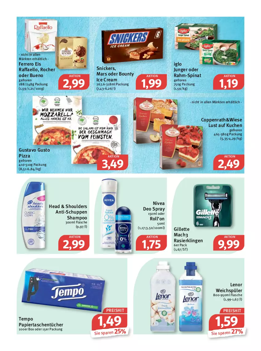 Aktueller Prospekt Feneberg - Prospekte - von 12.05 bis 14.05.2022 - strona 10 - produkty: bounty, coppenrath, deo, deo spray, eis, ferrero, flasche, gillette, iglo, kuchen, lenor, lenor weichspüler, Lust auf Kuchen, mac, mach3, mars, nivea, papier, pizza, raffaello, rahm-spinat, Rasierklinge, rasierklingen, reis, shampoo, snickers, spinat, Tasche, taschen, taschentücher, Tempo, Ti, tücher, weichspüler