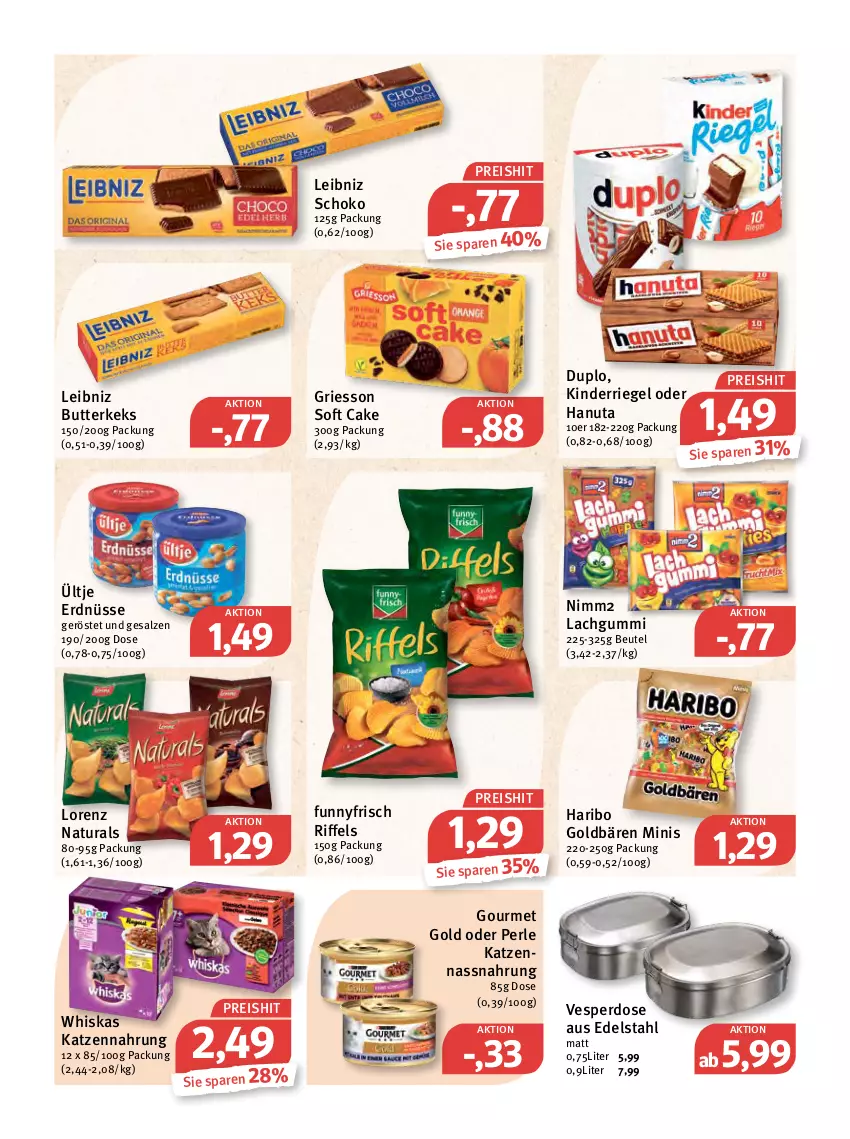 Aktueller Prospekt Feneberg - Prospekte - von 12.05 bis 14.05.2022 - strona 14 - produkty: beutel, butter, butterkeks, duplo, edelstahl, eis, erdnüsse, goldbären, gourmet gold, griesson, hanuta, haribo, katzennahrung, keks, Kinder, lachgummi, leibniz, lorenz, Nassnahrung, natur, natura, nimm2, reis, riegel, salz, schoko, Ti, ültje, ültje erdnüsse, whiskas