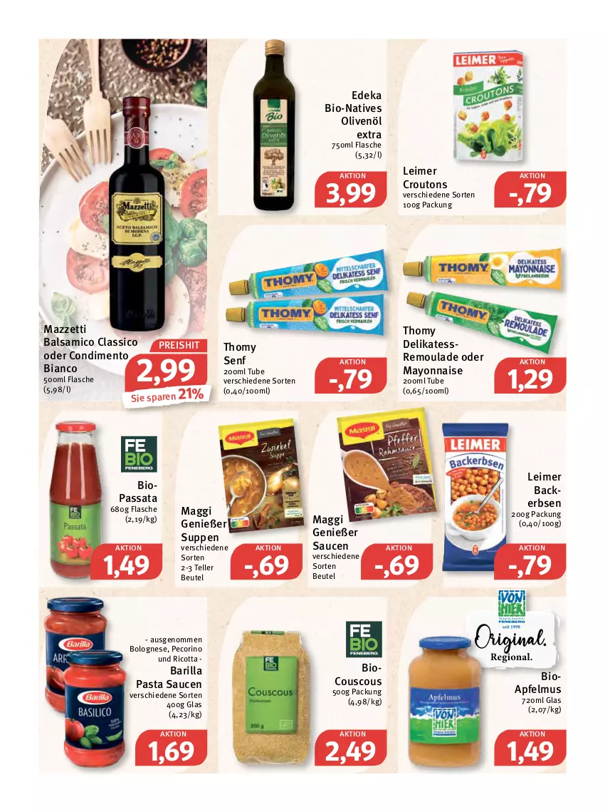 Aktueller Prospekt Feneberg - Prospekte - von 12.05 bis 14.05.2022 - strona 9 - produkty: apfel, apfelmus, balsam, balsamico, barilla, beutel, bio, bolognese, classico, condimento, Condimento Bianco, couscous, croutons, deka, edeka bio, eimer, eis, elle, erbsen, flasche, leimer, maggi, mayonnaise, natives olivenöl, olive, oliven, olivenöl, olivenöl extra, pasta, Pasta Sauce, Pecorino, reis, remoulade, ricotta, sauce, saucen, senf, suppe, suppen, teller, thomy, Ti, Yo