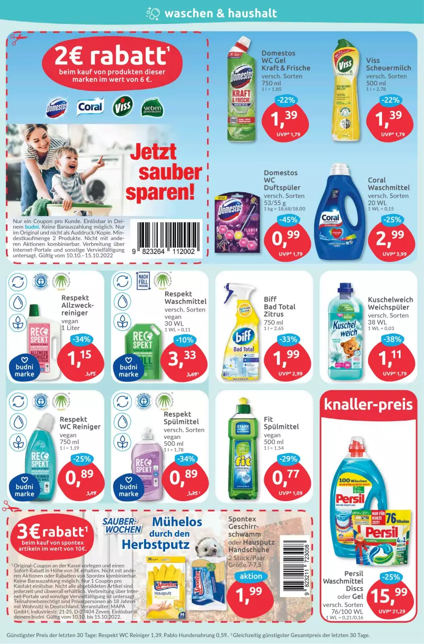 Aktueller Prospekt Budni - Prospekte - von 10.10 bis 15.10.2022 - strona 4 - produkty: Bad, biff, Brei, Coral, coupon, domestos, eis, gin, hundenahrung, Kuschelweich, nudel, persil, persil waschmittel, reiniger, reis, sofort-rabatt, spontex, spülmittel, tee, Ti, waschmittel, weck, weichspüler, ZTE