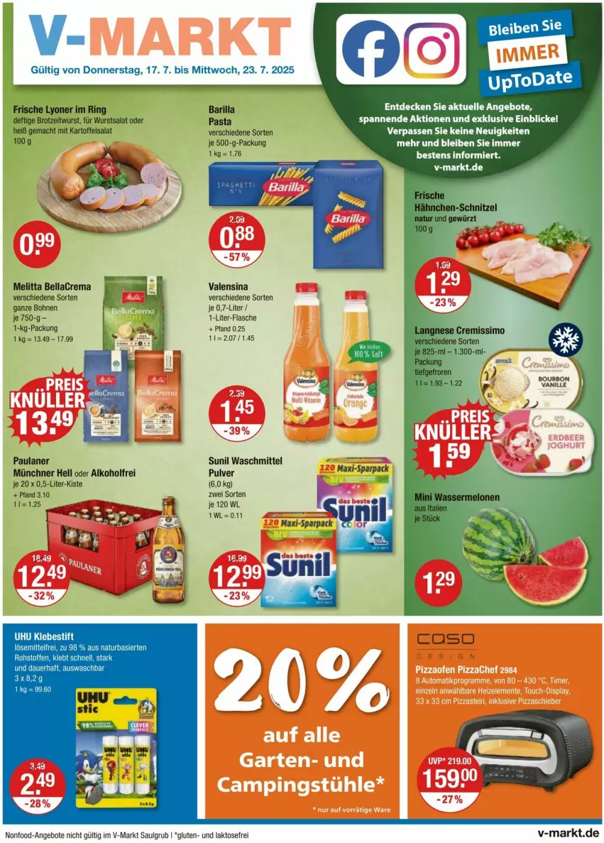 Aktueller Prospekt Vmarkt - Prospekte - von 17.07 bis 23.07.2025 - strona 1 - produkty: alkohol, angebot, angebote, barilla, bellacrema, bohne, bohnen, bourbon, bourbon vanille, decke, elle, flasche, LG, melitta, pasta, Paula, paulaner, sunil, Ti, uhu, valensina, vanille, waschmittel