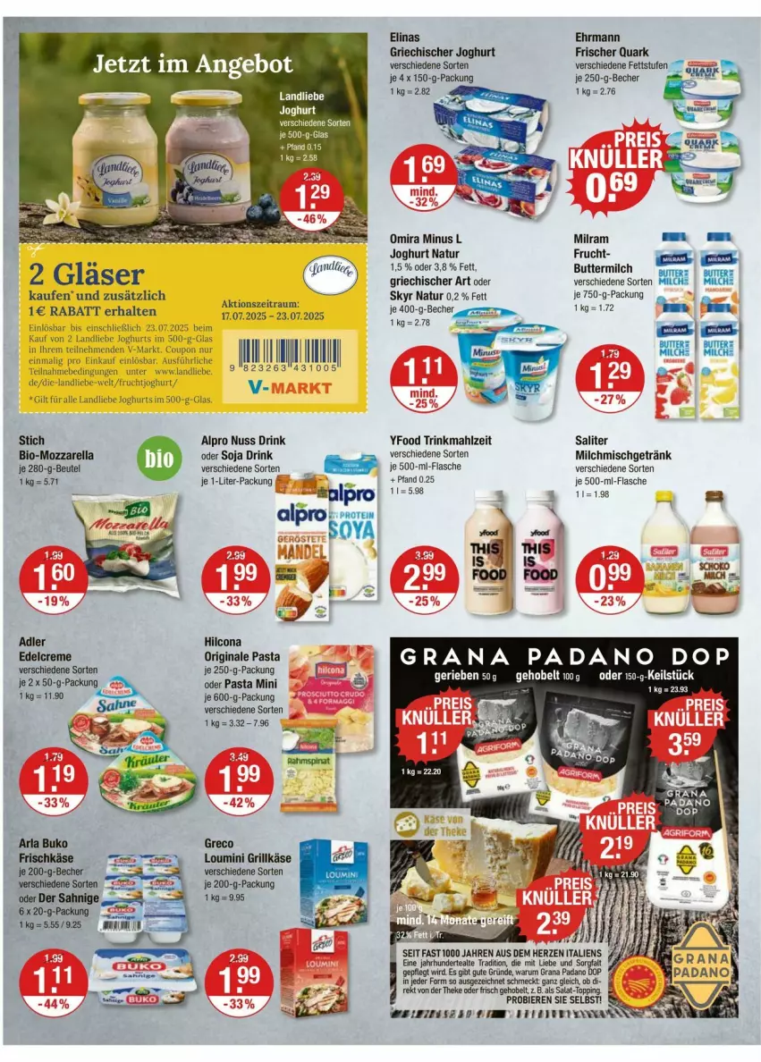 Aktueller Prospekt Vmarkt - Prospekte - von 17.07 bis 23.07.2025 - strona 10 - produkty: alpro, Becher, beutel, bier, Biere, bio, butter, buttermilch, coupon, creme, drink, edelcreme, ehrmann, elinas, flasche, frucht, getränk, gin, grana, grana padano, Griechischer Joghurt, grill, Grillkäse, hilcona, je 500-ml-flasche, joghur, joghurt, Käse, landliebe, landliebe joghurt, milch, milram, mozzarella, natur, nuss, padano, pasta, quark, Rana, rel, saliter, Skyr, soja, tee, Ti