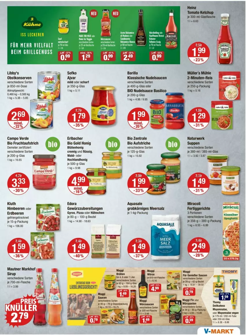 Aktueller Prospekt Vmarkt - Prospekte - von 17.07 bis 23.07.2025 - strona 11 - produkty: Ajvar, aqua, aufstrich, barilla, basilico, beere, beeren, beutel, bio, Blüte, blütenhonig, Brühe, Campo Verde, eis, erdbeere, erdbeeren, erde, fertiggericht, fertiggerichte, flasche, frucht, fruchtaufstrich, glasflasche, gyros, heinz, himbeer, himbeere, himbeeren, hochland, honig, je 250-g-packung, ketchup, Konserven, maggi, maggi fix, Mautner, mayonnaise, miracoli, Müller, natur, nudel, obst, pizza, reis, rwe, sauce, saucen, sirup, suppe, suppen, thomy, Ti, tomato ketchup, würzsauce, würzsaucen, Yo