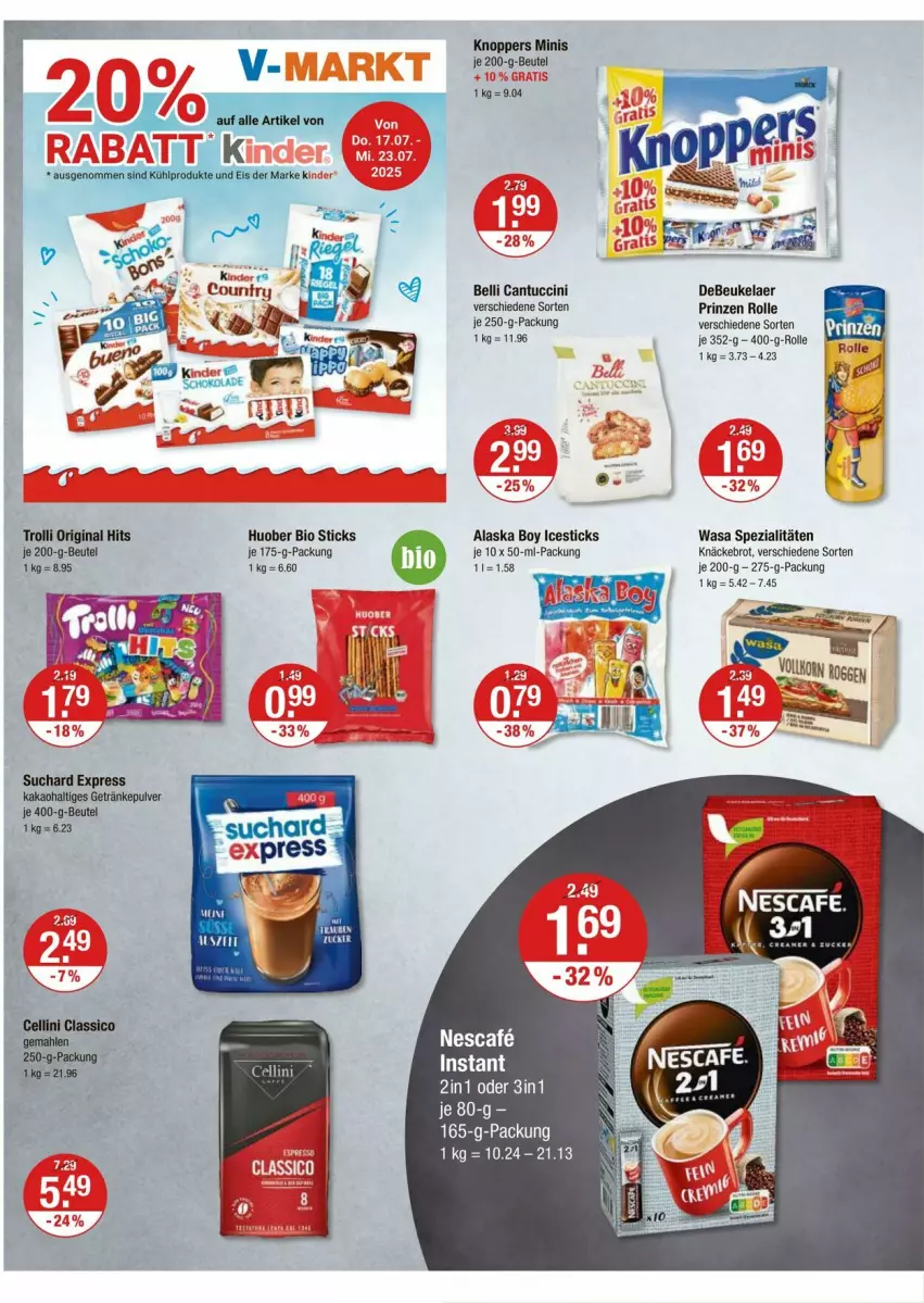 Aktueller Prospekt Vmarkt - Prospekte - von 17.07 bis 23.07.2025 - strona 12 - produkty: beutel, bio, brot, cantuccini, cin, debeukelaer, gin, huober, je 250-g-packung, knäckebrot, knoppers, nescafe, prinzen rolle, Spezi, Ti, trolli, tuc, wasa