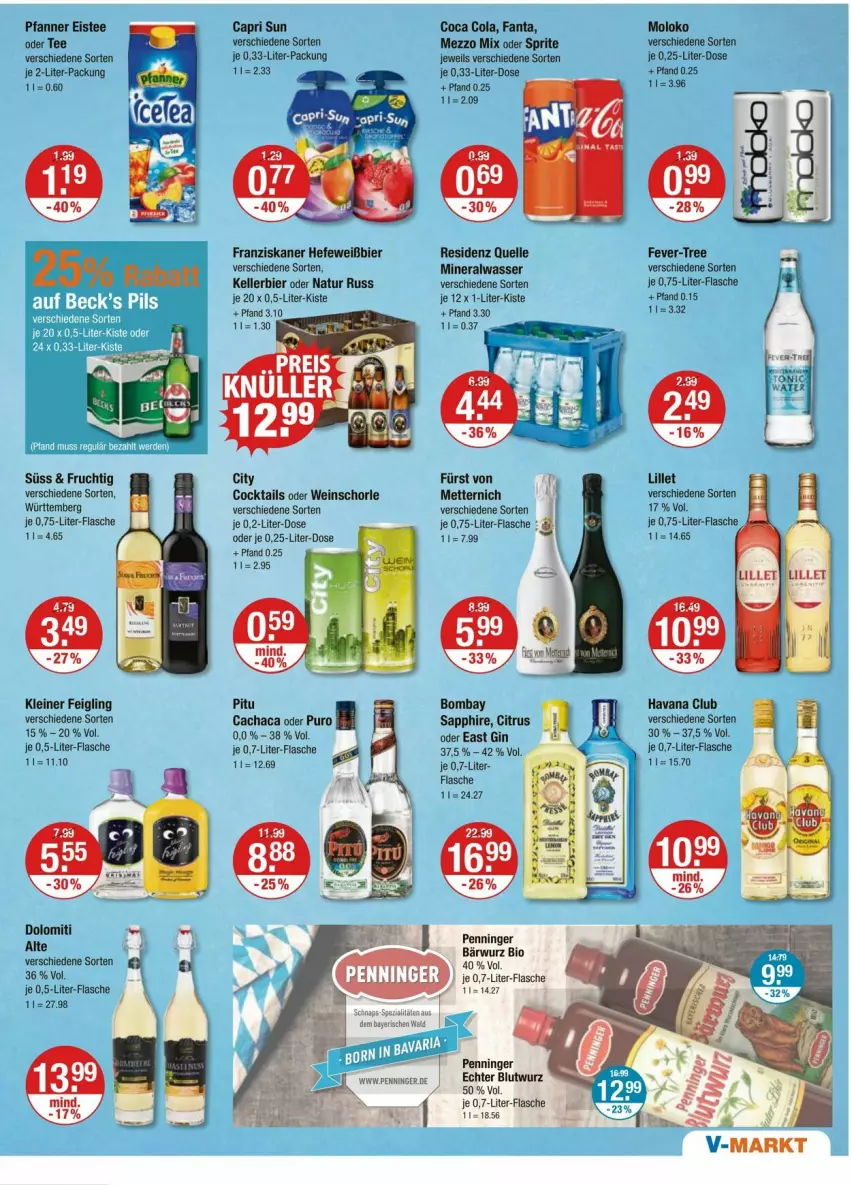 Aktueller Prospekt Vmarkt - Prospekte - von 17.07 bis 23.07.2025 - strona 13 - produkty: Alwa, bier, bio, bombay sapphire, Cachaca, Cap, citrus, cocktail, cocktails, cola, eis, eistee, elle, fanta, fever-tree, flasche, franziskaner, frucht, fürst von metternich, gin, Havana Club, Hefe, kellerbier, kleiner feigling, leine, lillet, Mett, metternich, Mezzo Mix, mineralwasser, natur, oder sprite, pfanne, Pfanner, sapphire, schorle, sprite, tee, Ti, wasser, wein, weinschorle