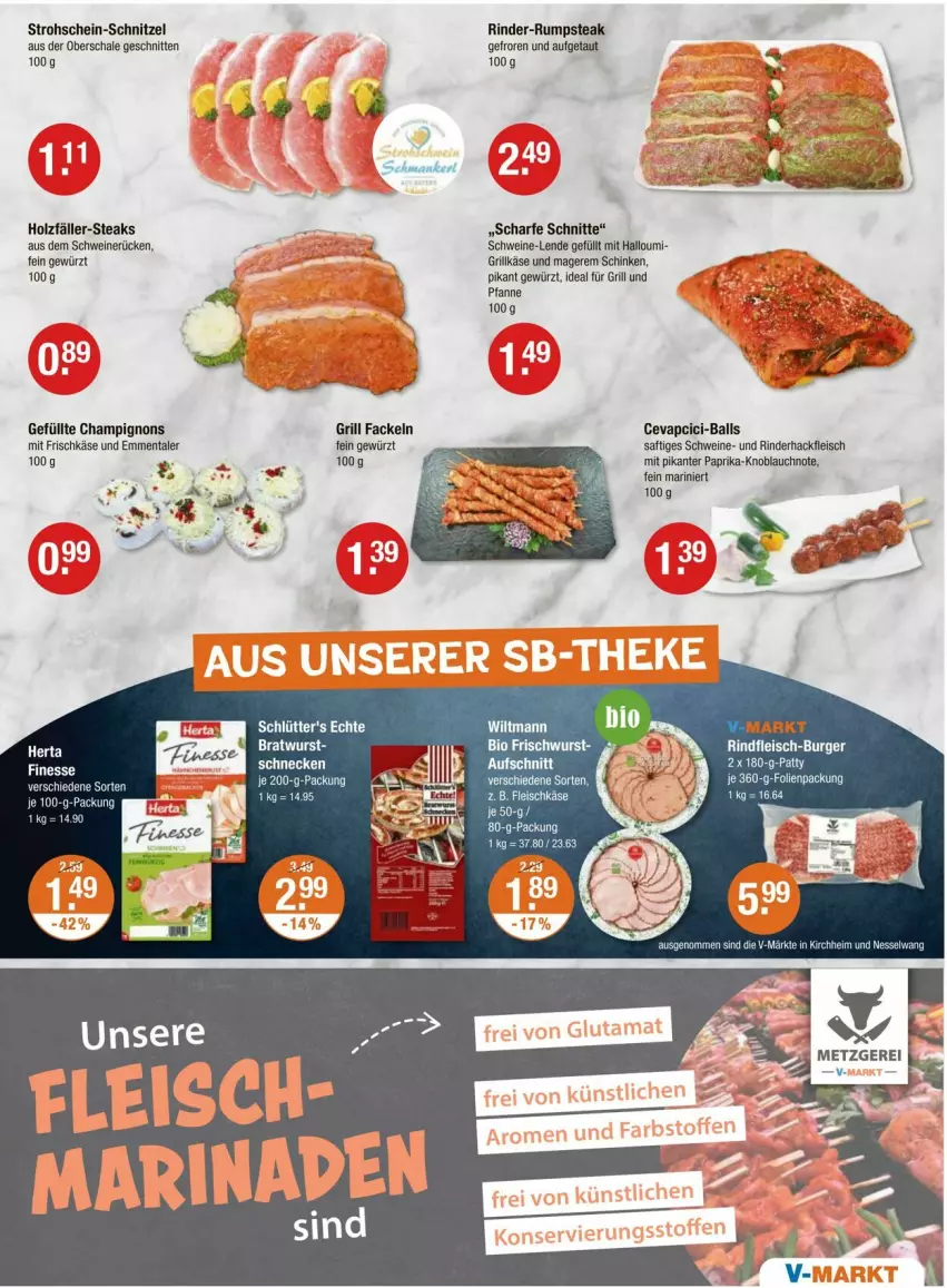 Aktueller Prospekt Vmarkt - Prospekte - von 17.07 bis 23.07.2025 - strona 7 - produkty: ball, bio, burger, cevapcici, champignon, champignons, eis, emmentaler, fleisch, fleischkäse, frischkäse, gewürz, grill, Grillkäse, hackfleisch, Halloumi, Holz, ideal für grill, Käse, knoblauch, paprika, pfanne, rind, rinder, rinder-rumpsteak, rinderhackfleisch, rindfleisch, rum, rumpsteak, saft, Schal, Schale, schinken, schnitten, schnitzel, schwein, schweine, schweinerücken, steak, steaks, Ti, wein, weine, wiltmann, wurst