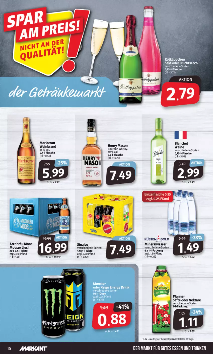 Aktueller Prospekt Markant - Prospekte - von 06.03 bis 11.03.2023 - strona 10 - produkty: Alwa, bourbon, eis, flasche, mariacron, mineralwasser, Nektar, pfanne, Pfanner, reis, Ria, säfte, sinalco, wasser, wein, weine, whisky, ZTE