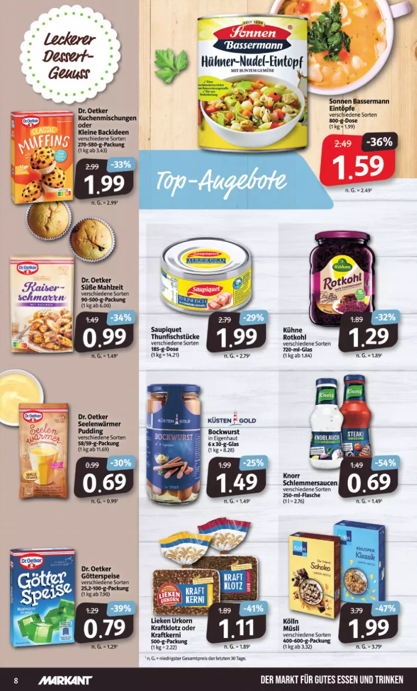 Aktueller Prospekt Markant - Prospekte - von 06.03 bis 11.03.2023 - strona 8 - produkty: bockwurst, Dr. Oetker, eintopf, eintöpfe, eis, fisch, flasche, gutes essen, hühner, kölln, korn, kraft, Kühne, lieken, müsli, nudel, reis, rotkohl, sauce, saucen, saupiquet, schlemmersauce, schlemmersaucen, thunfisch, topf, urkorn, wurst, ZTE