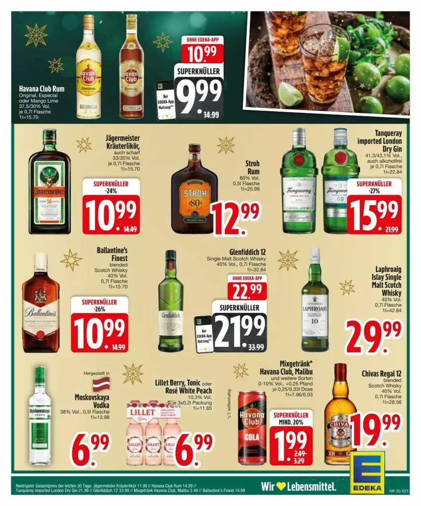 Aktueller Prospekt Edeka - Prospekte - von 09.12 bis 16.12.2024 - strona 25 - produkty: alkohol, ball, deka, dry gin, eis, flasche, Germ, getränk, gin, Havana Club, jägermeister, kräuter, kräuterlikör, likör, lillet, Meister, Mixgetränk, moskovskaya, rum, scotch, scotch whisky, single malt, tonic, whisky