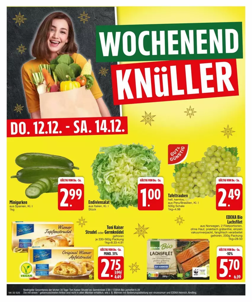 Aktueller Prospekt Edeka - Prospekte - von 09.12 bis 16.12.2024 - strona 28 - produkty: bio, deka, edeka bio, filet, Germ, gin, gurke, gurken, Kaiser, Knödel, lachs, lachsfilet, rwe, salat, Schal, Schale, Strudel, tafeltrauben, Ti, tisch, trauben, wiener