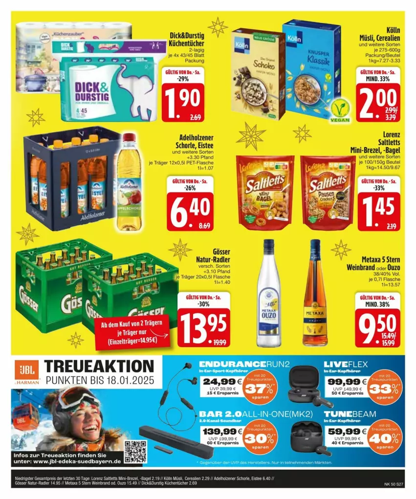 Aktueller Prospekt Edeka - Prospekte - von 09.12 bis 16.12.2024 - strona 29 - produkty: adelholzener, Bagel, beutel, brezel, cerealien, deka, eis, eistee, flasche, gösser, Holz, jbl, K2, kölln, küche, Küchen, küchentücher, lorenz, Metaxa, müsli, natur, ouzo, pet-flasche, radler, saltletts, schorle, tee, Ti, tücher, wein, weinbrand