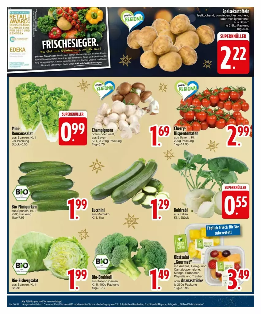 Aktueller Prospekt Edeka - Prospekte - von 09.12 bis 16.12.2024 - strona 4 - produkty: ananas, Ananasstücke, beere, beeren, bio, braun, brokkoli, champignon, champignons, eis, eisbergsalat, erdbeere, erdbeeren, honig, kohlrabi, mango, melone, obst, rispentomaten, Romanasalat, salat, tomate, tomaten, zucchini