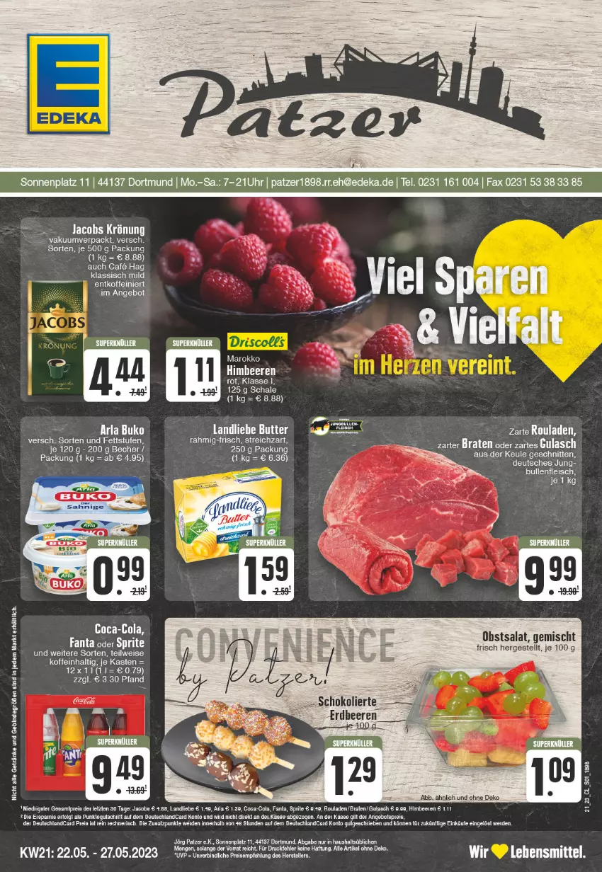 Aktueller Prospekt Edeka - Angebote der Woche - von 22.05 bis 27.05.2023 - strona 1 - produkty: angebot, angebote, coca-cola, cola, eis, fanta, fleisch, getränk, getränke, gulasch, landliebe, lebensmittel, obst, rouladen, salat, Streichzart, Ti, ZTE