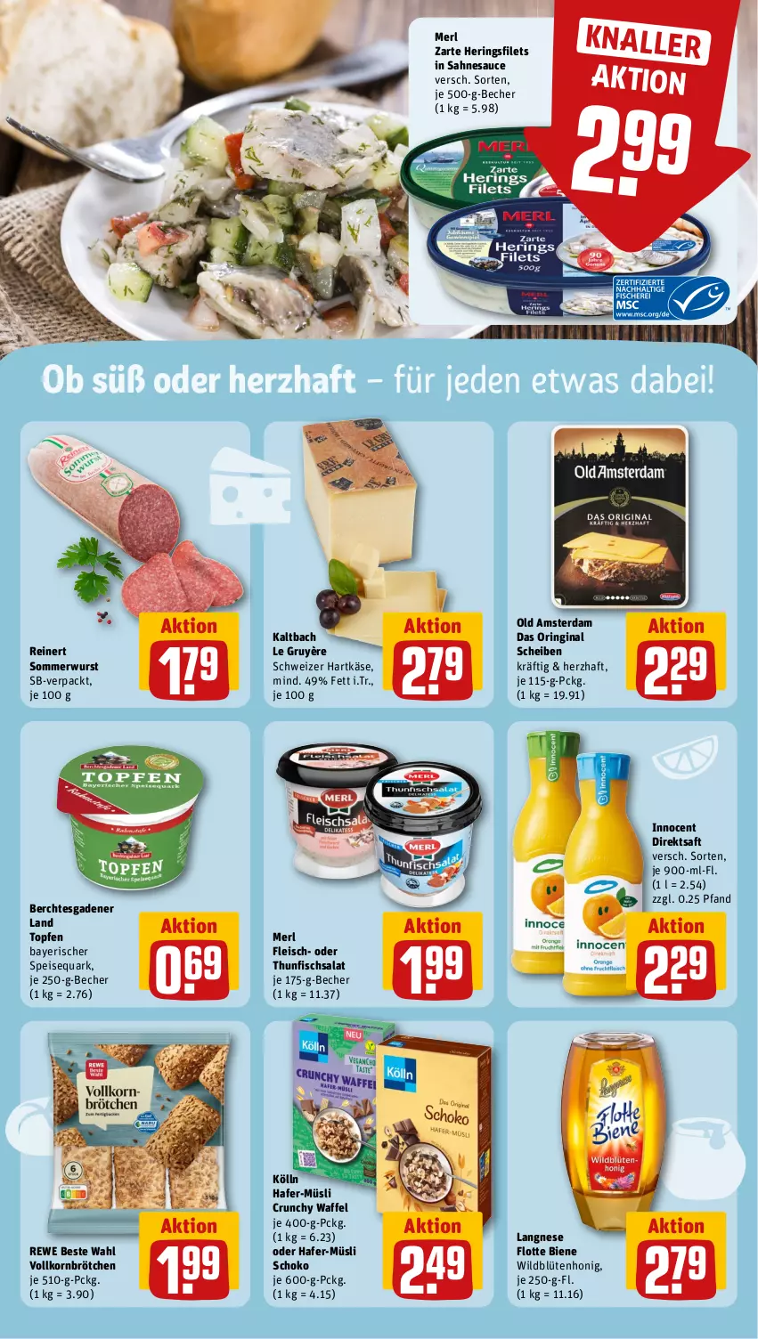 Aktueller Prospekt Rewe - Prospekte - von 08.04 bis 13.04.2024 - strona 11 - produkty: Becher, Blüte, blütenhonig, brötchen, direktsaft, eis, filet, filets, fisch, fleisch, gin, hafer, hartkäse, hering, Herings, heringsfilets, honig, Innocent, Käse, kölln, korn, langnese, merl, müsli, Old Amsterdam, quark, reinert, rewe beste wahl, ring, saft, sahne, salat, sauce, schoko, schweizer hartkäse, speisequark, thunfisch, Thunfischsalat, Ti, topf, Topfen, Wild, wurst