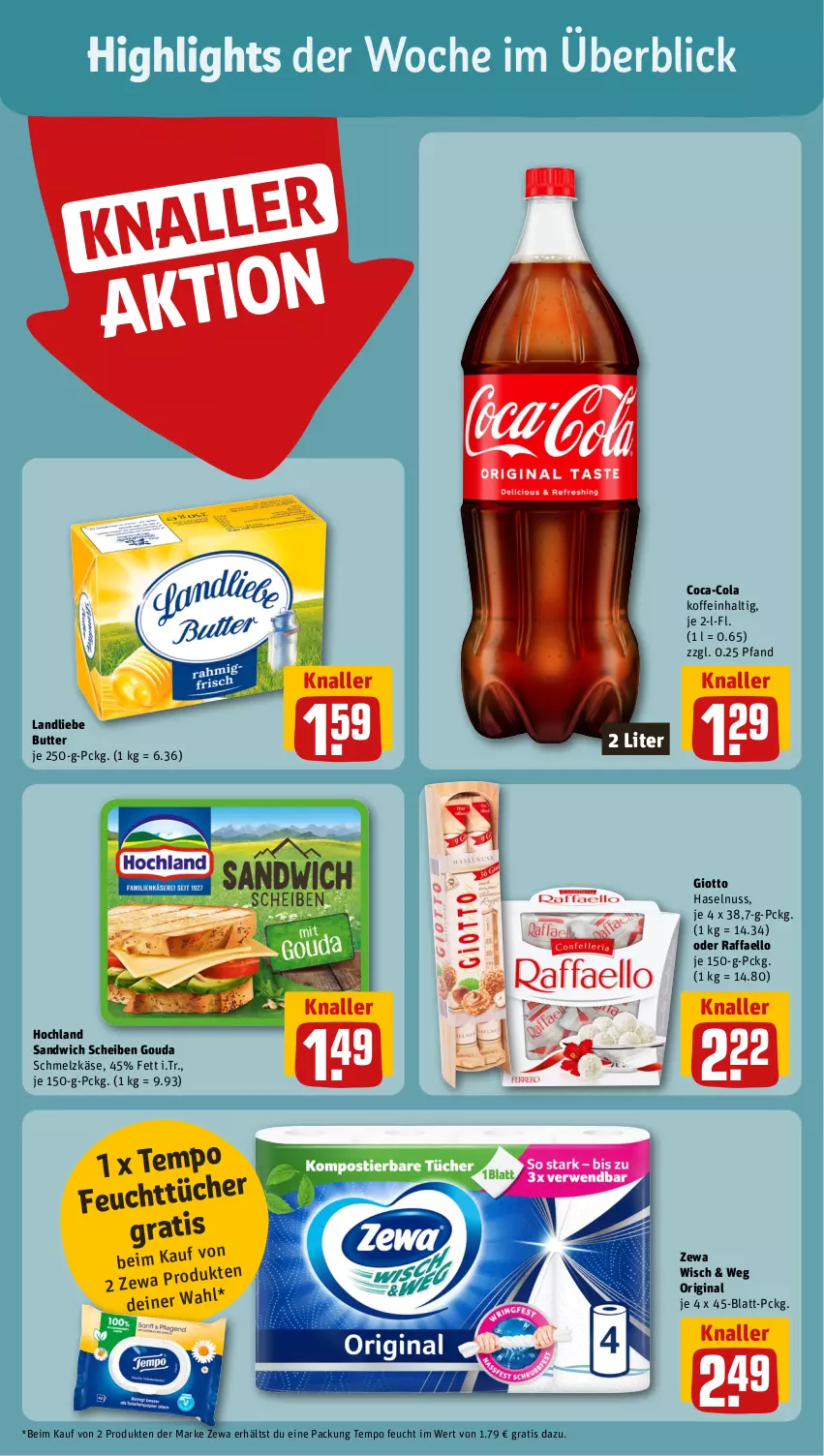 Aktueller Prospekt Rewe - Prospekte - von 08.04 bis 13.04.2024 - strona 2 - produkty: butter, coca-cola, cola, gin, giotto, gouda, haselnuss, hochland, Käse, landliebe, nuss, raffaello, sandwich, Schmelzkäse, Tempo, Ti, zewa