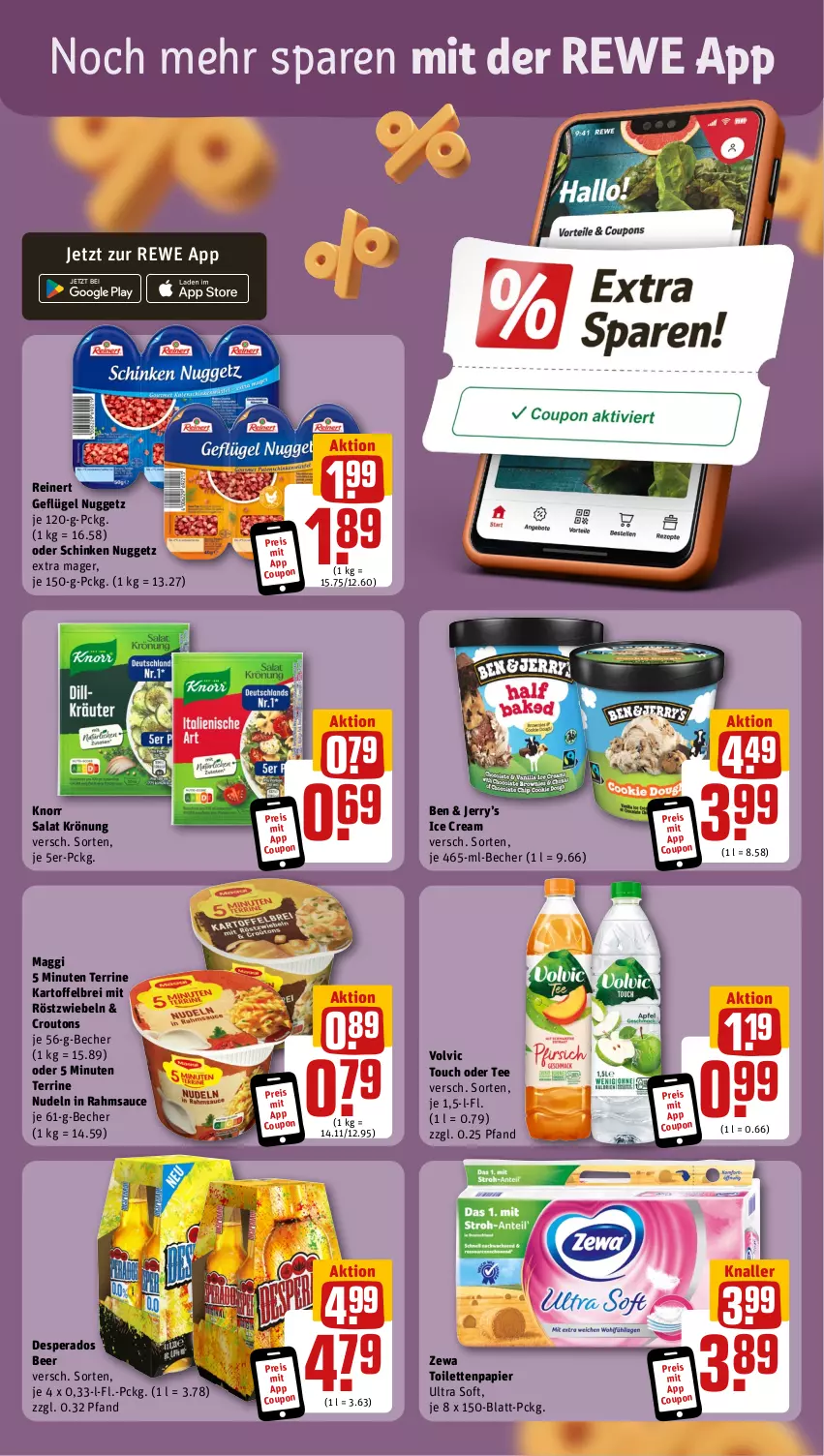 Aktueller Prospekt Rewe - Prospekte - von 08.04 bis 13.04.2024 - strona 3 - produkty: Becher, Brei, coupon, croutons, desperados, eis, Geflügel, kartoffel, kartoffelbrei, knorr, maggi, mit röstzwiebeln, nudel, nudeln, papier, reinert, reis, röstzwiebeln, salat, sauce, schinken, tee, terrine, Ti, toilettenpapier, volvic, zewa, zwiebel, zwiebeln