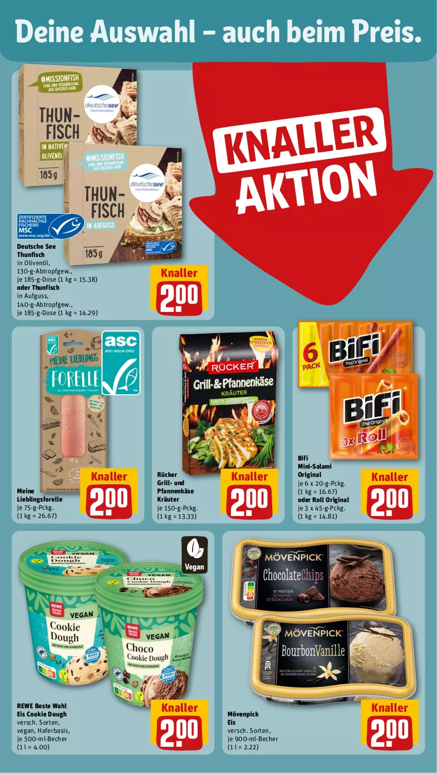 Aktueller Prospekt Rewe - Prospekte - von 08.04 bis 13.04.2024 - strona 4 - produkty: Becher, bifi, cookie, cookie dough, eis, elle, fisch, forelle, gin, grill, hafer, in olivenöl, Käse, kräuter, Mini-Salami, mövenpick, mövenpick eis, olive, oliven, olivenöl, pfanne, pfannen, pfannenkäse, reis, rel, rewe beste wahl, salami, thunfisch, und pfanne