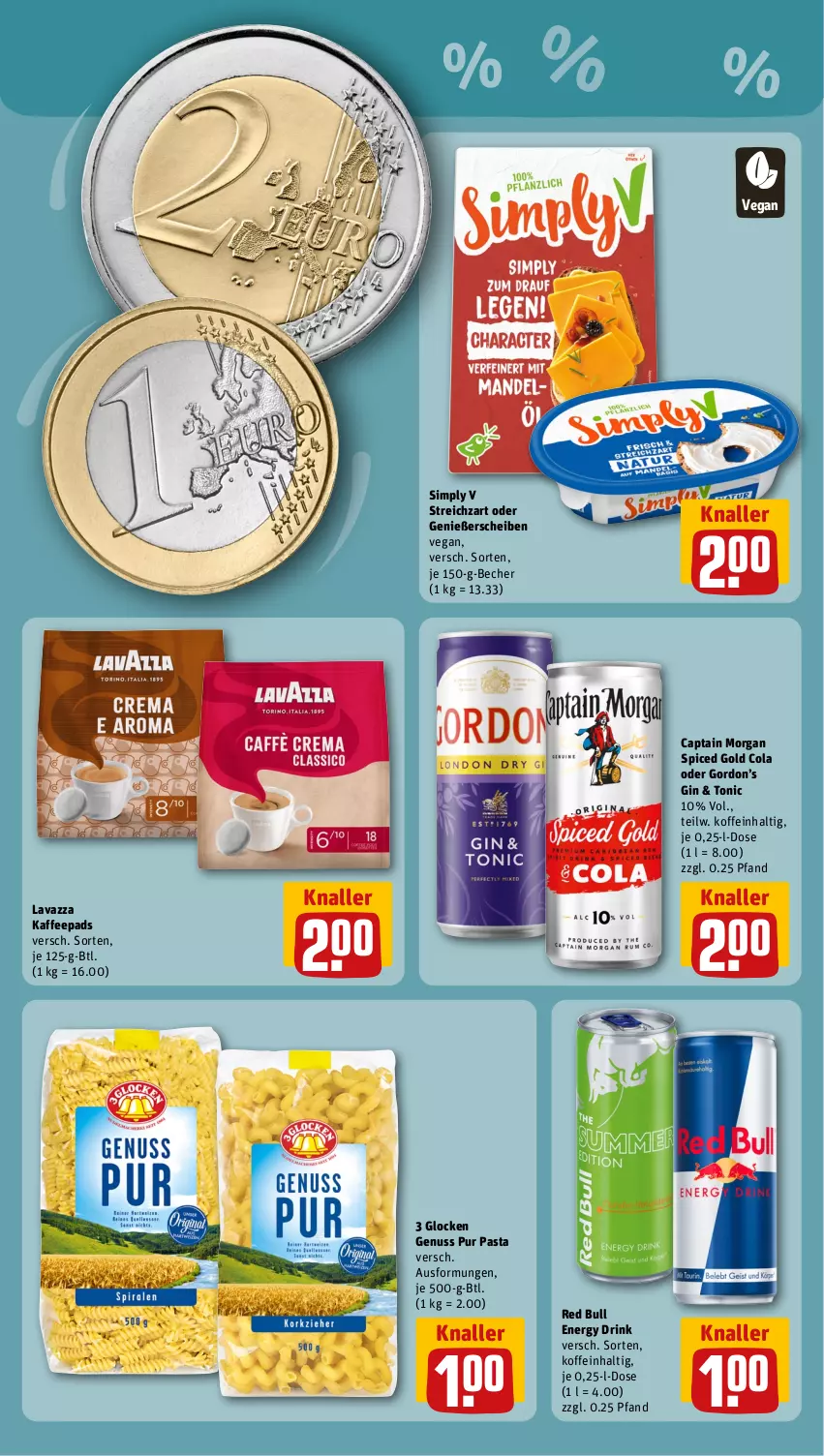 Aktueller Prospekt Rewe - Prospekte - von 08.04 bis 13.04.2024 - strona 5 - produkty: Becher, Cap, captain morgan, cola, drink, energy drink, gin, gordon, Gordon’s, kaffee, kaffeepads, lavazza, nuss, pasta, red bull, sim, Streichzart, Ti, tonic