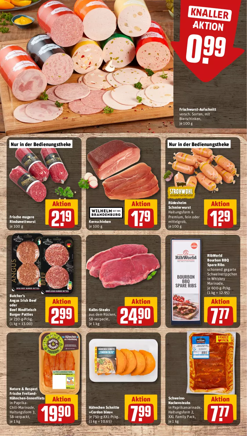 Aktueller Prospekt Rewe - Prospekte - von 08.04 bis 13.04.2024 - strona 8 - produkty: aufschnitt, beef, bier, bierschinken, bourbon, burger, chili, cordon bleu, eis, filet, filets, fleisch, frischwurst-aufschnitt, Hähnchen-Innenfilets, kernschinken, LG, marinade, Mett, mettwurst, Nackensteak, nackensteaks, natur, paprika, rind, rindfleisch, schinken, schwein, schweine, schweinenacken, spare ribs, steak, steaks, Ti, wein, weine, whiskey, wurst