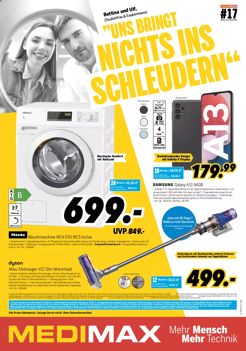 Aktueller Prospekt Medimax - MEDIMAX Prospekt KW17 2022 - von 22.04 bis 28.04.2022 - strona 1 - produkty: abholpreise, akku, alpro, Behälter, bett, bürste, Cap, dekoration, Dyson, eis, Elektro, ente, erde, frontkamera, hauptkamera, jeans, kamera, kraft, lack, LG, mastercard, microsd, quad, Reinigung, reis, Ria, ring, rum, rwe, Scanner, sim, Spektrum, Spezi, staubsauger, Stielsauger, teppich, Ti, touchscreen, trommel, wandhalterung, waschmaschine, wolle