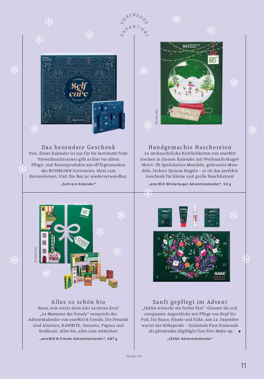 Aktueller Prospekt Rossmann - Prospekte - von 01.11 bis 30.11.2024 - strona 11 - produkty: Adventskalender, bio, ente, isana, Kugel, leine, Loose, Make-up, mandel, mandeln, natur, natura, quinoa, rwe, sana, Ti