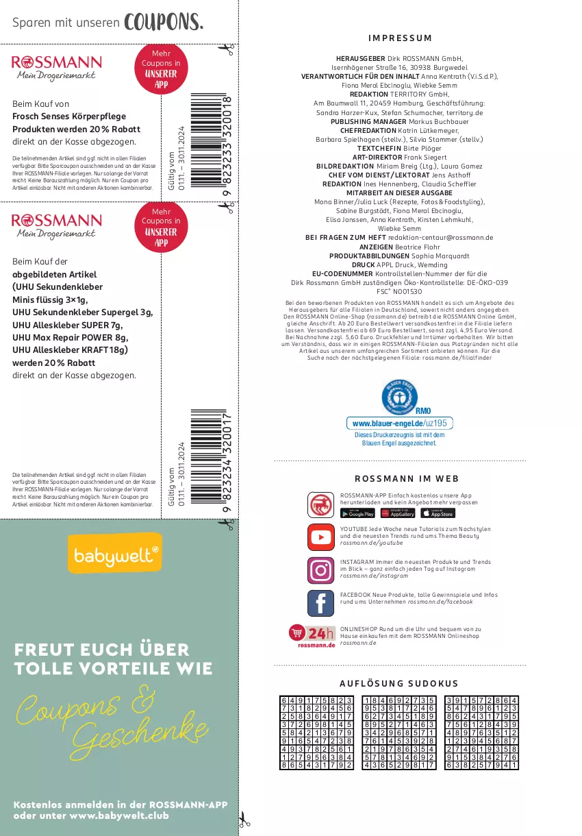 Aktueller Prospekt Rossmann - Prospekte - von 01.11 bis 30.11.2024 - strona 96 - produkty: angebot, angebote, auer, Bau, Bauer, Brei, buch, cin, coupon, coupons, drucker, elle, Engel, erde, Frosch, kerze, kleber, körperpflege, kraft, mac, ndk, rezept, rezepte, Ria, Spiele, Ti, uhr, uhu, versandkostenfrei, wedel, Yo