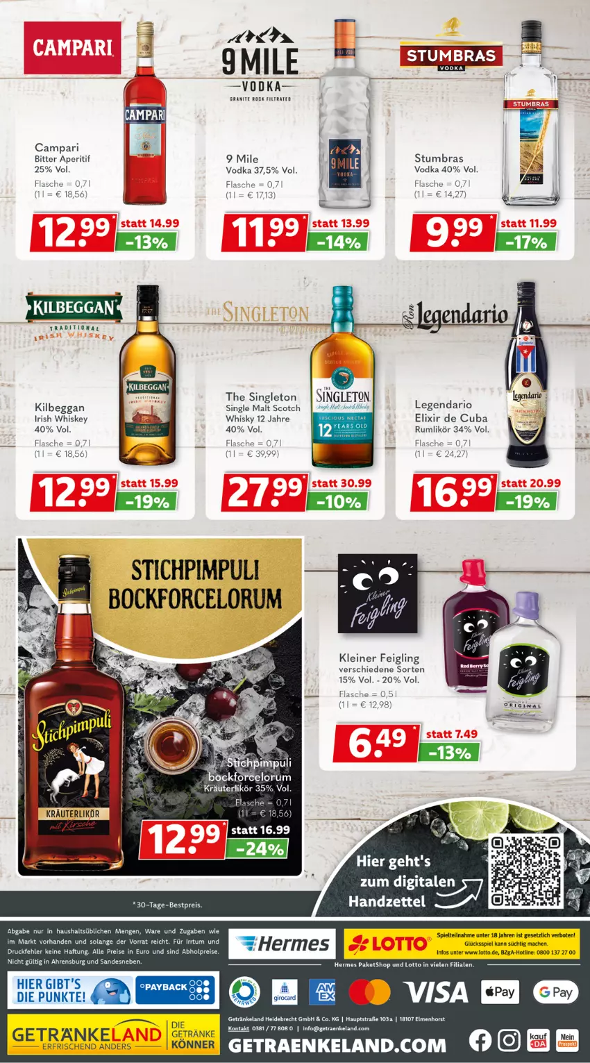 Aktueller Prospekt Getraenkeland - von 20.02 bis 04.03.2023 - strona 6 - produkty: abholpreise, aperitif, campari, eis, Elan, flasche, getränk, getränke, irish whiskey, kleiner feigling, leine, likör, mac, reis, rum, scotch, single malt, Ti, vodka, whiskey, whisky